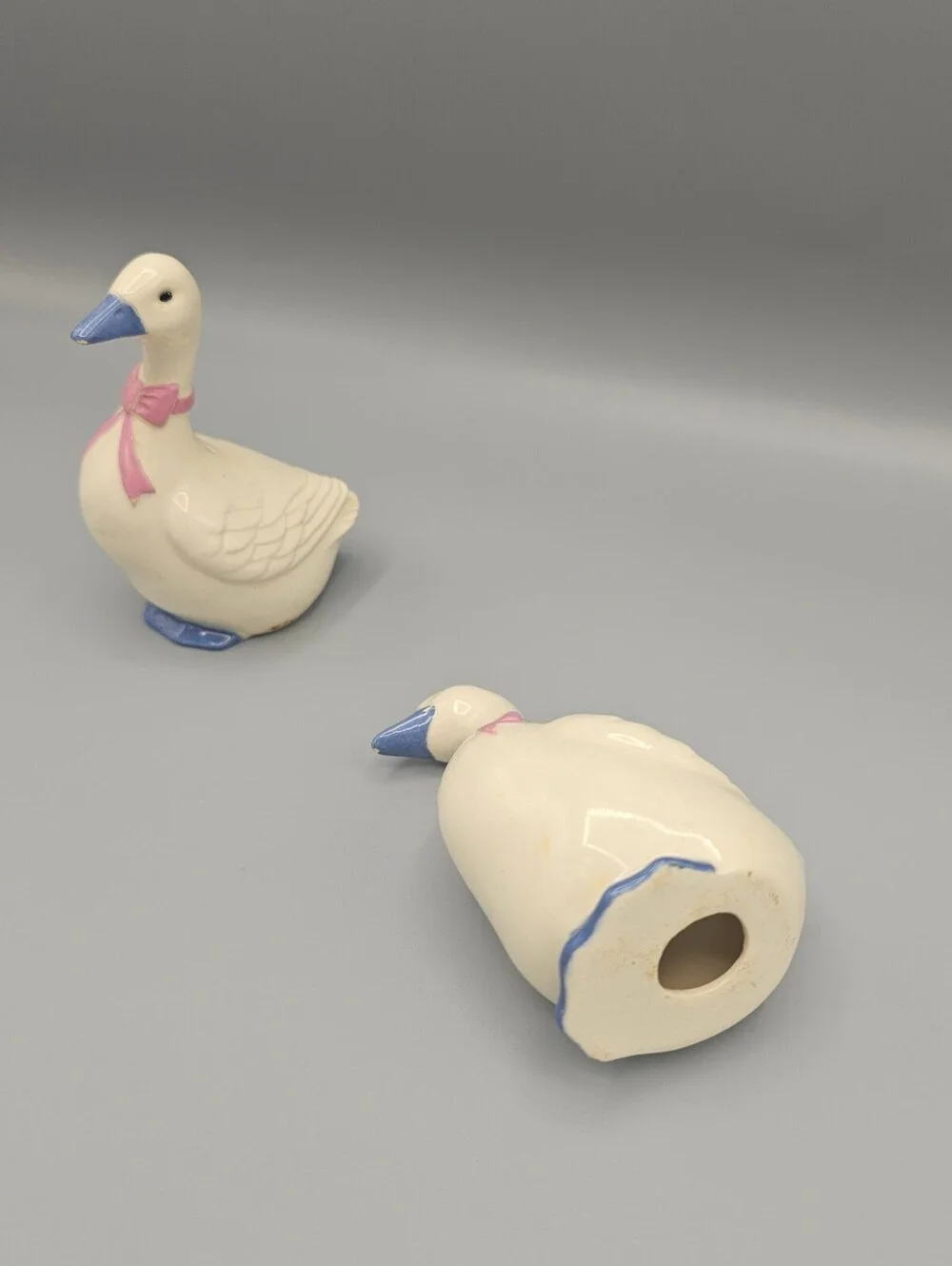 Vintage Ceramic Goose Salt and Pepper Shakers with Pink Bow and Blue Beak